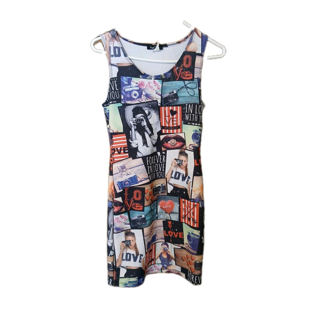 Women Love J Y2K Bodycon Silhouette Dress Cinched Graphic Polaroid SZ SM U.S.A